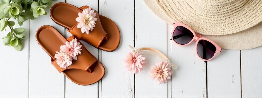 Flatlay di sandali in cuoio e cerchietto floreale