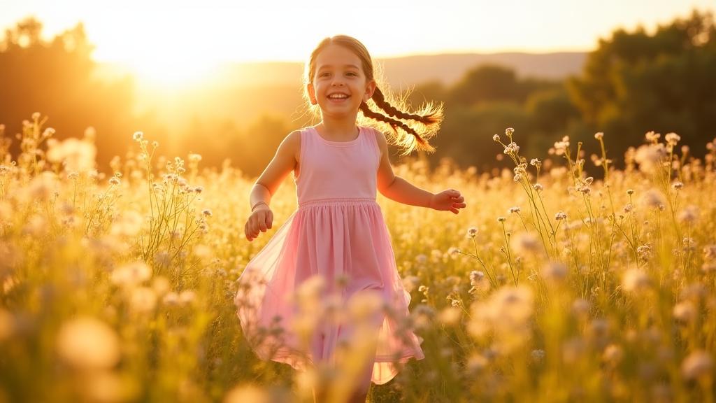 Bambina che corre in un prato fiorito con abito estivo leggero