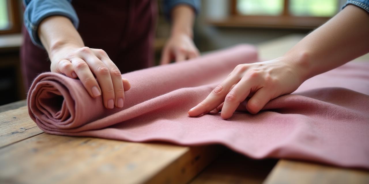 Mani artigiane che lavorano un tessuto di cotone rosa cipria