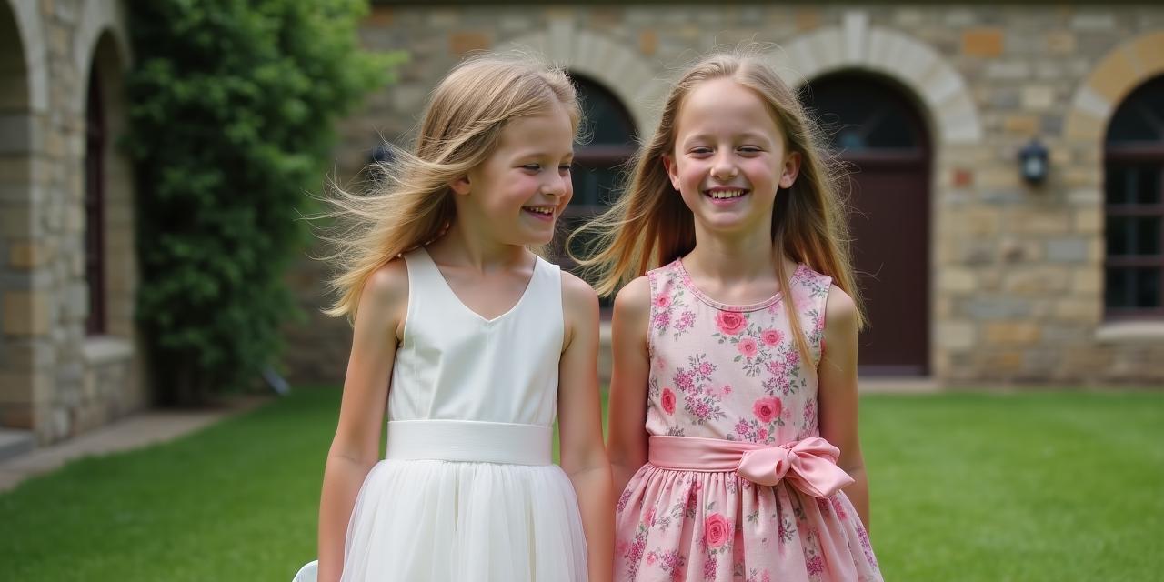 Due bambine con abiti da cerimonia moderni e classici a confronto